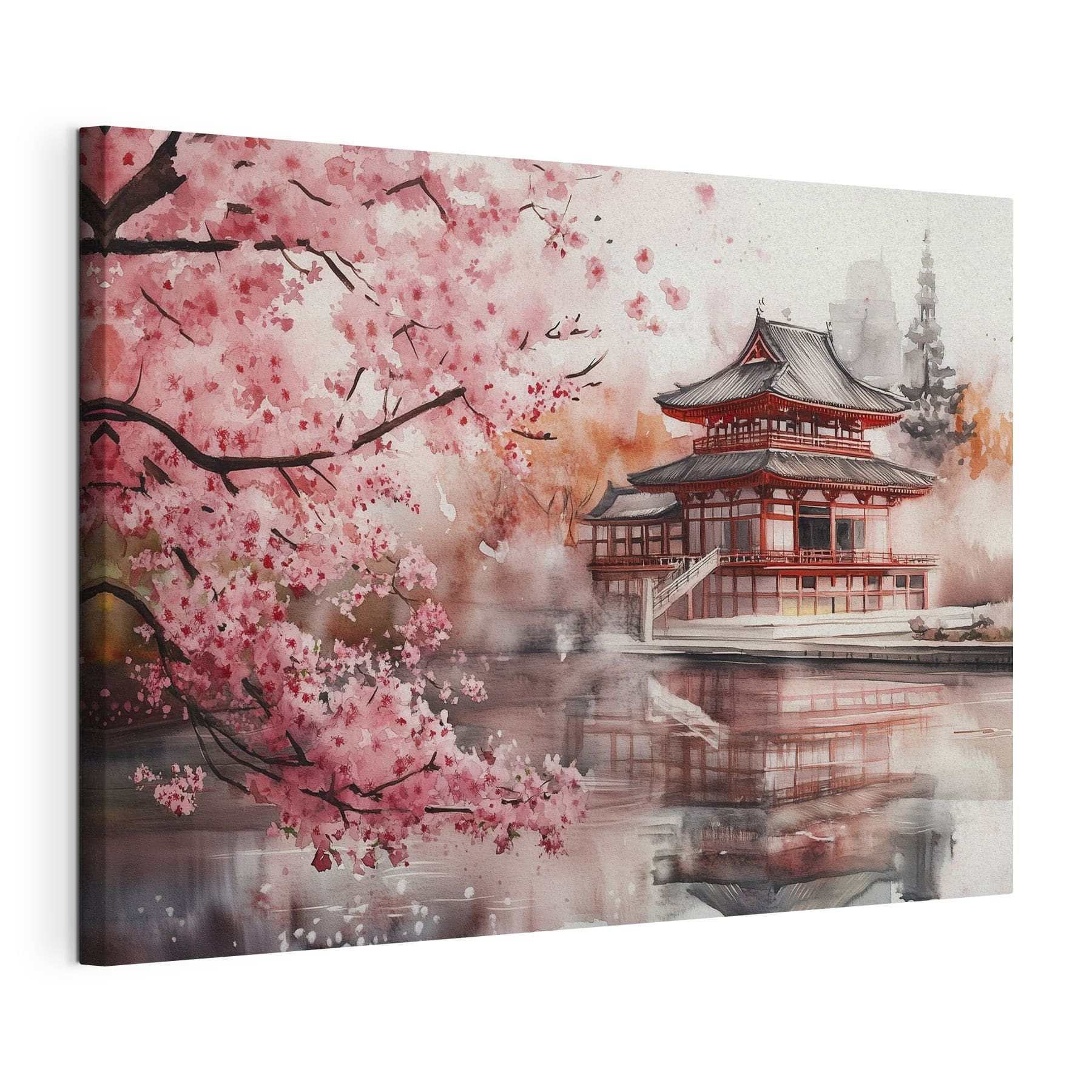 Watercolor painting of a building and a cherry blossom tree