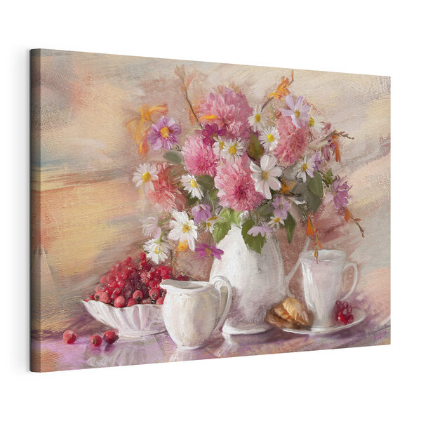 Ein Bild mit Blumen in einer Vase und einer Schüssel mit Essen Wandbilder Ein Bild mit Blumen in einer Vase und einer Schüssel mit Essen