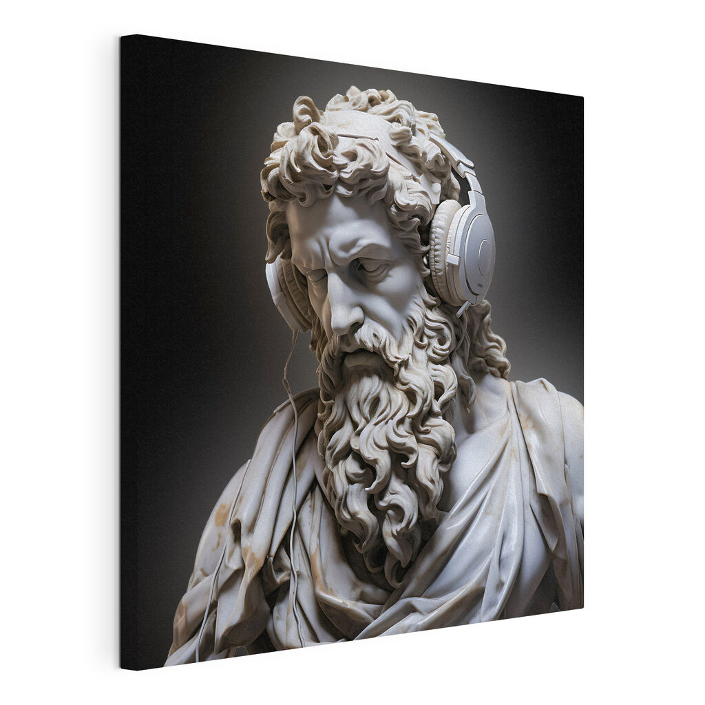 A statue of a bearded man wearing headphones
