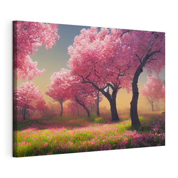 Ein Feld mit rosa Blumen und Bäumen Wandbilder Ein Feld mit rosa Blumen und Bäumen