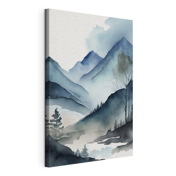 Wandbilder Wandbilder Aquarell einer Bergkette mit Bäumen und Nebel (Artikelnummer: s36495)