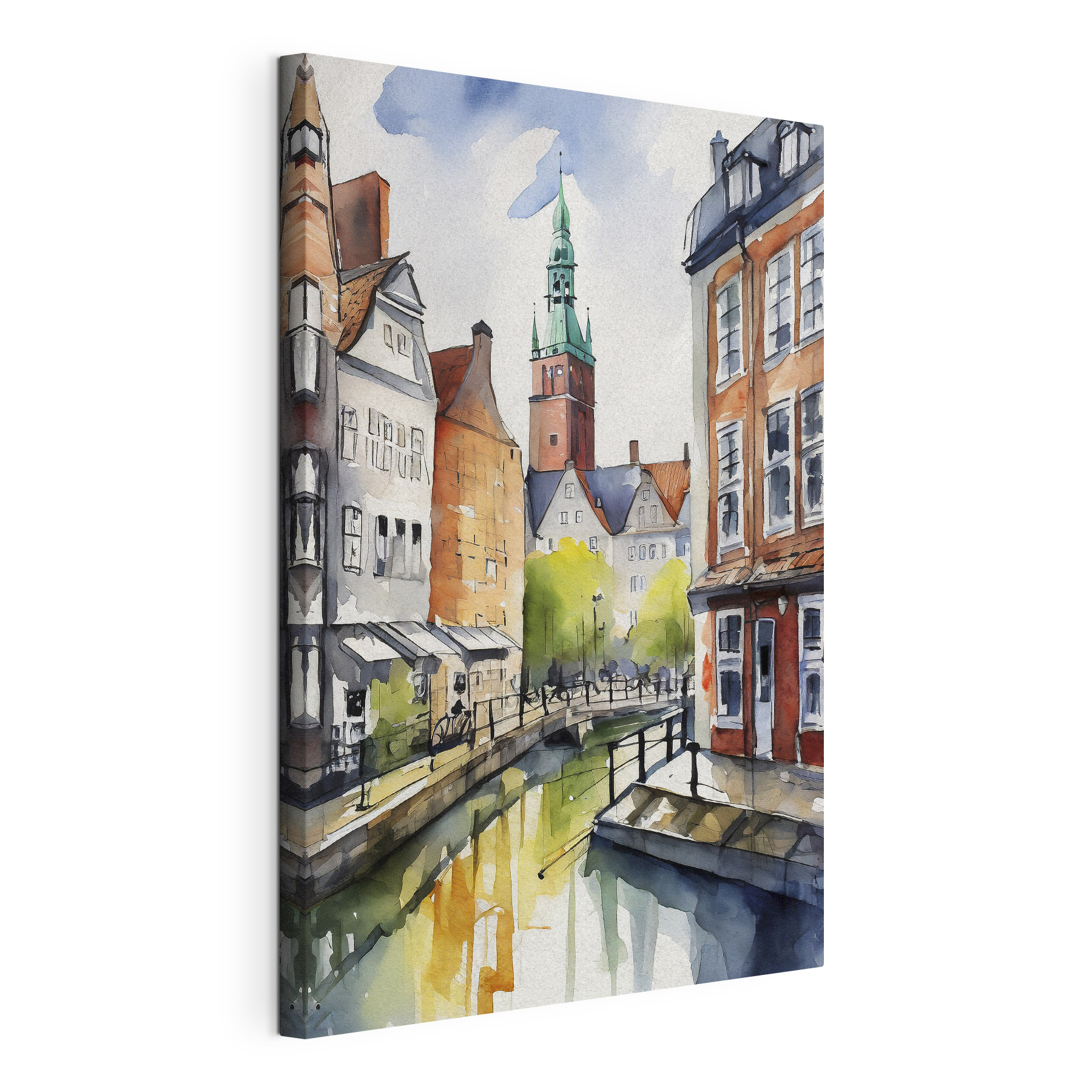 Watercolor of a canal with buildings and a tower Watercolor of a canal with buildings and a tower
