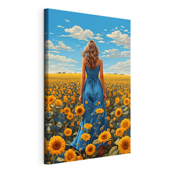 Wandbilder Eine Frau in einem blauen Kleid in einem Sonnenblumenfeld (Artikelnummer: s37164) Wandbilder Wandbilder Eine Frau in einem blauen Kleid in einem Sonnenblumenfeld (Artikelnummer: s37164)
