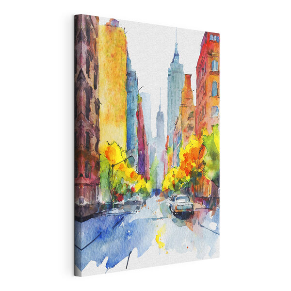 Wandbilder Ein Aquarell einer Straße mit Gebäuden und Autos (Artikelnummer: s37345) Wandbilder Wandbilder Ein Aquarell einer Straße mit Gebäuden und Autos (Artikelnummer: s37345)