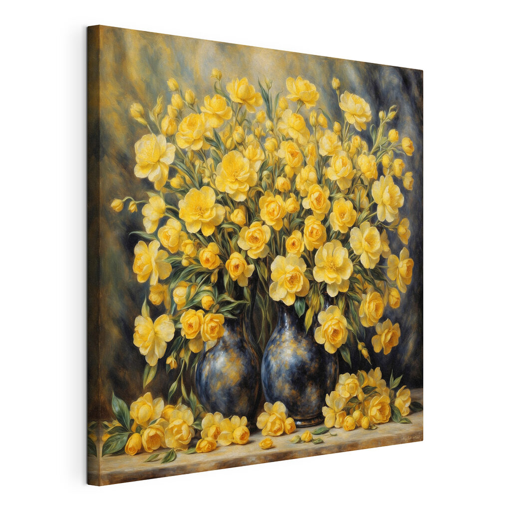 A painting of yellow flowers in a vase A painting of yellow flowers in a vase