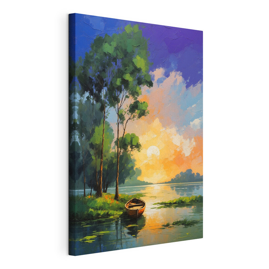 A painting of a boat on a lake