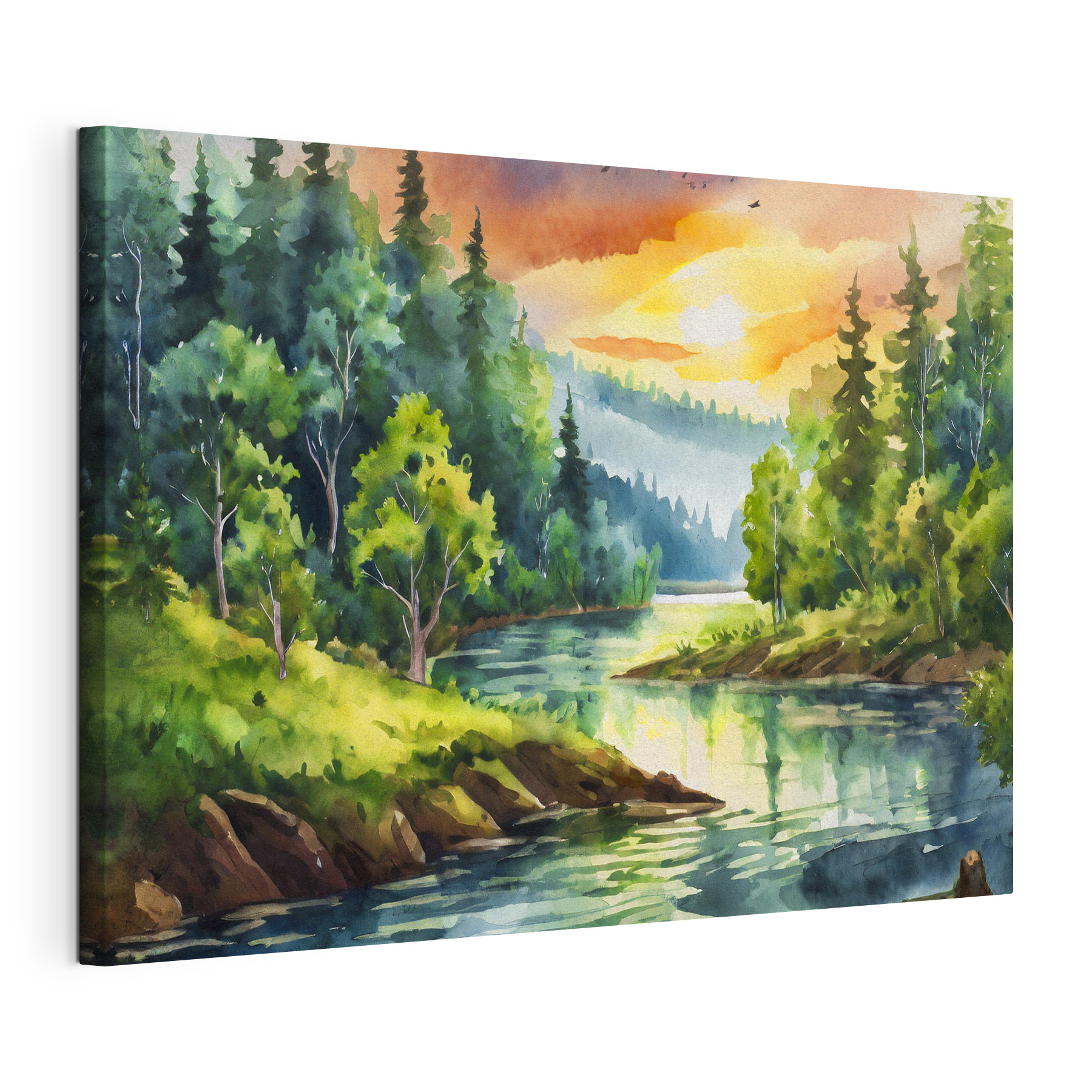 Watercolor painting of a river with trees and mountains in the background
