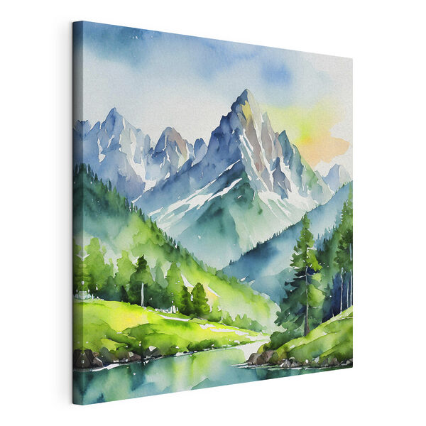 Wandbilder Aquarell eines Bergflusses und von Bäumen