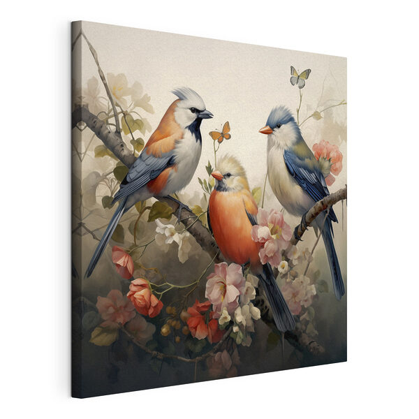 Wandbilder Eine Gruppe von Vögeln auf einem Zweig mit Blumen (Artikelnummer: s38103) Wandbilder Wandbilder Eine Gruppe von Vögeln auf einem Zweig mit Blumen (Artikelnummer: s38103)