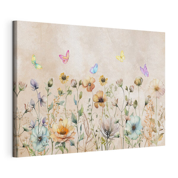 Wandbilder Ein Gemälde mit Blumen und Schmetterlingen