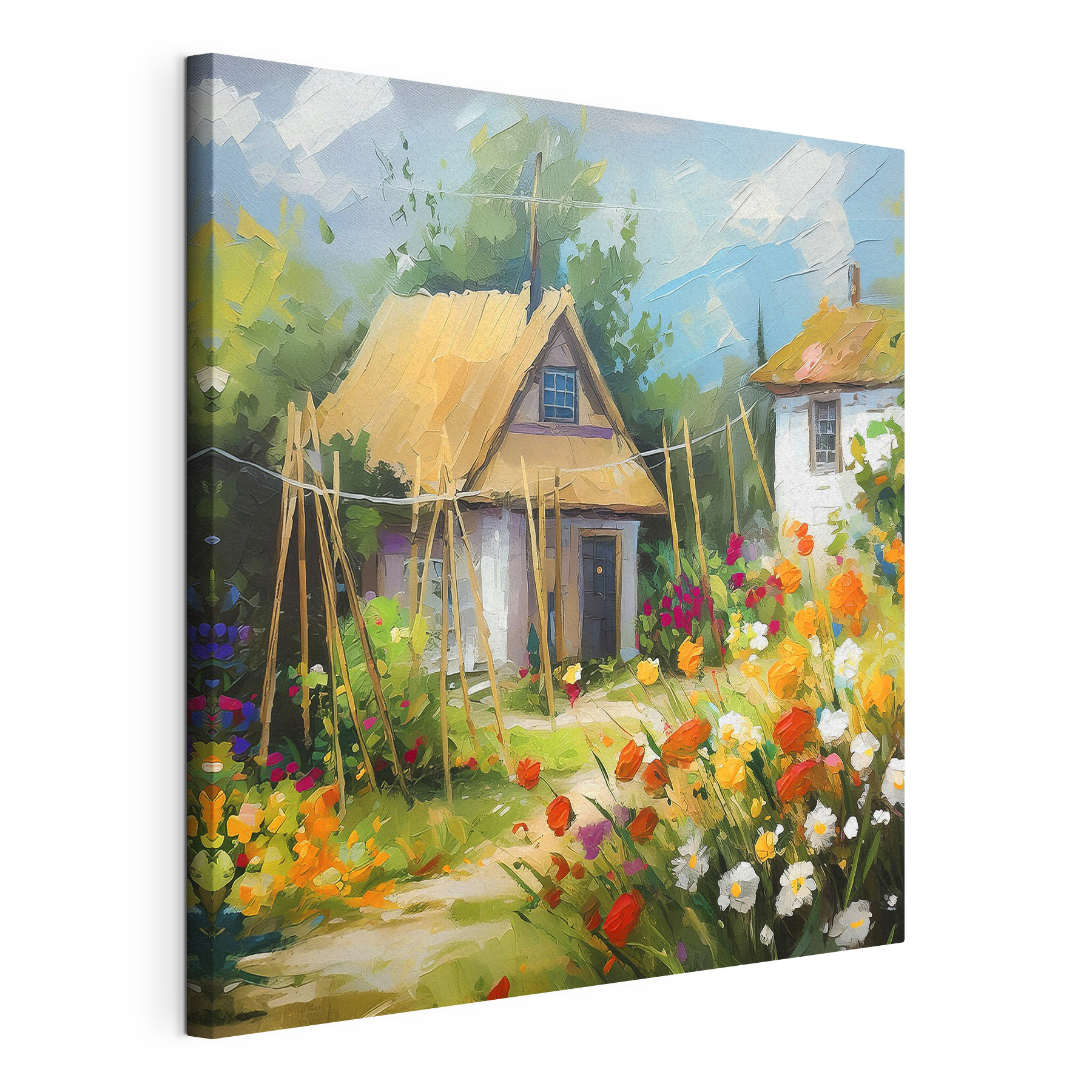 A painting of a house with flowers A painting of a house with flowers