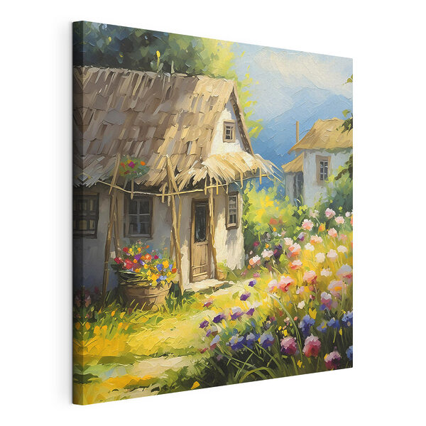 Wandbilder Ein Gemälde eines Hauses mit Blumen