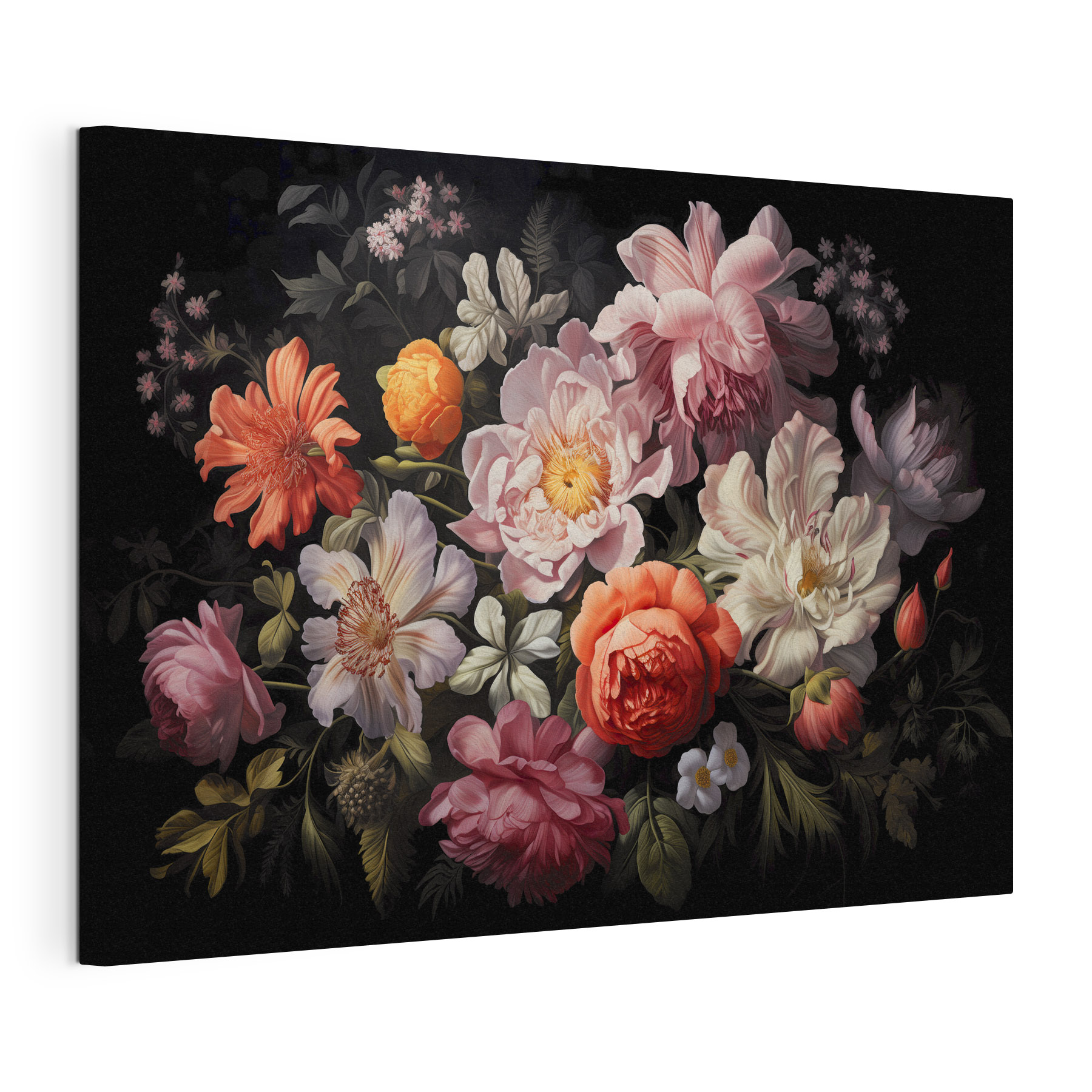 A painting of flowers on a black background