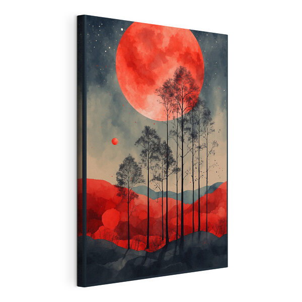 Wandbilder Ein Gemälde mit Bäumen und einem roten Mond (Artikelnummer: s38862) Wandbilder Wandbilder Ein Gemälde mit Bäumen und einem roten Mond (Artikelnummer: s38862)
