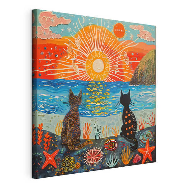 Wandbilder Wandbilder Zwei Katzen sitzen am Strand und schauen in die Sonne (Artikelnummer: s39080)