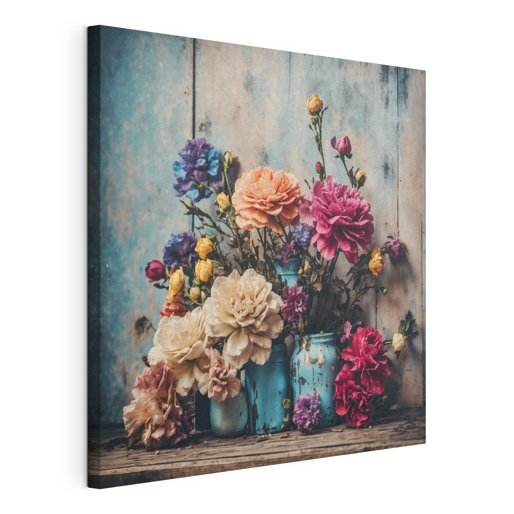 A group of colorful flowers in blue vases