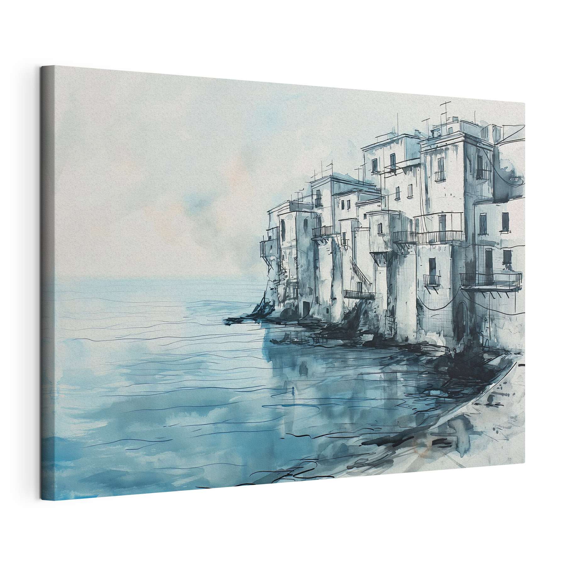 A watercolor of a building next to a body of water A watercolor of a building next to a body of water