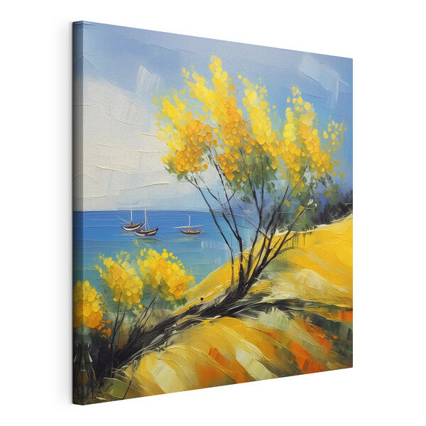 Wandbilder Ein Gemälde mit einem gelben Baum und Booten auf dem Wasser (Artikelnummer: s39419) Wandbilder Wandbilder Ein Gemälde mit einem gelben Baum und Booten auf dem Wasser (Artikelnummer: s39419)