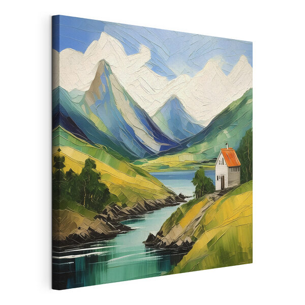 Wandbilder Wandbilder Ein Gemälde eines Hauses auf einem Hügel an einem Fluss (Artikelnummer: s39422)