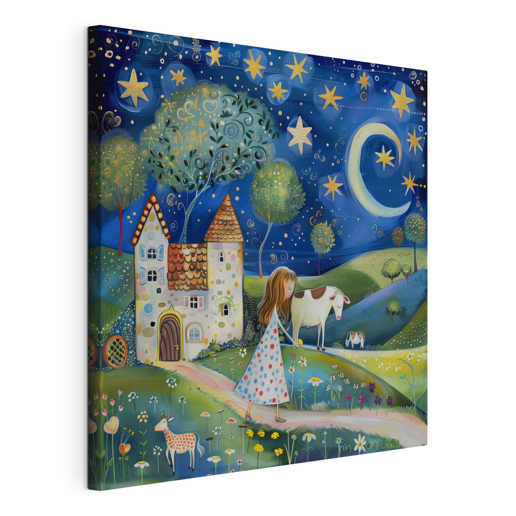 Girl walking on a path with a cow and a house