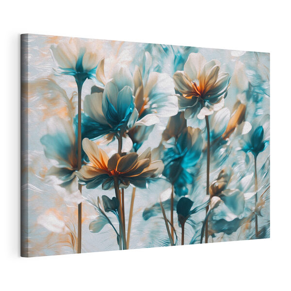 Wandbilder Gruppe von Blumen mit blauen und weißen Blütenblättern