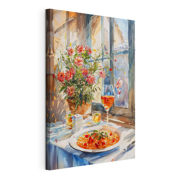 Wandbilder Aquarellmalerei eines Tisches mit Essen und Blumen (Artikelnummer: s39707) Wandbilder Wandbilder Aquarellmalerei eines Tisches mit Essen und Blumen (Artikelnummer: s39707)