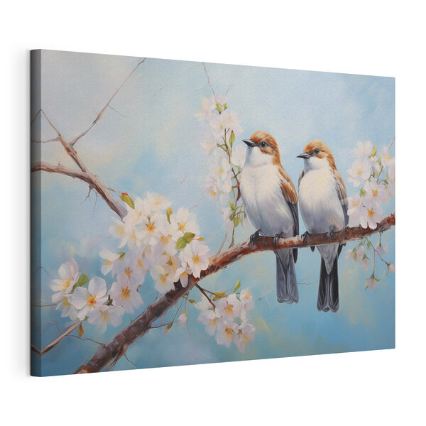 Zwei Vögel auf einem Zweig mit weißen Blumen Wandbilder Zwei Vögel auf einem Zweig mit weißen Blumen