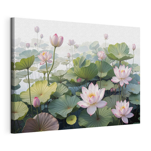 Wandbilder Gruppe von rosa Blüten und grünen Blättern