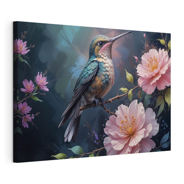 Wandbilder Vogel auf einem Zweig mit Blumen sitzend