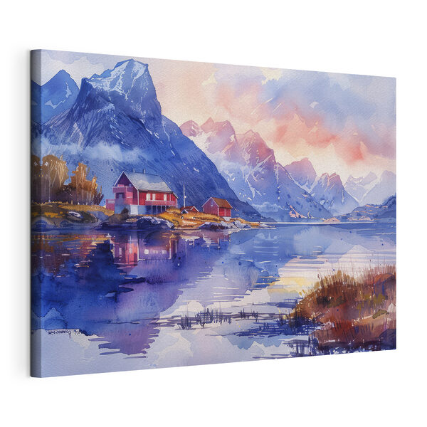 Watercolor painting of a house on a hill next to a lake