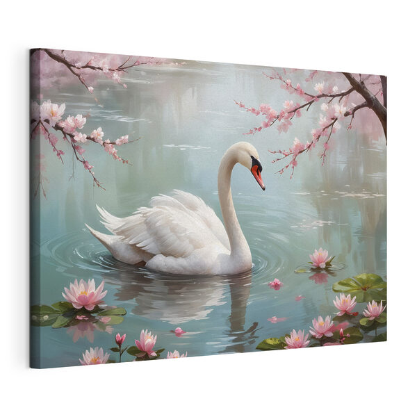 Weißer Schwan im Wasser mit rosa Blumen Wandbilder Weißer Schwan im Wasser mit rosa Blumen