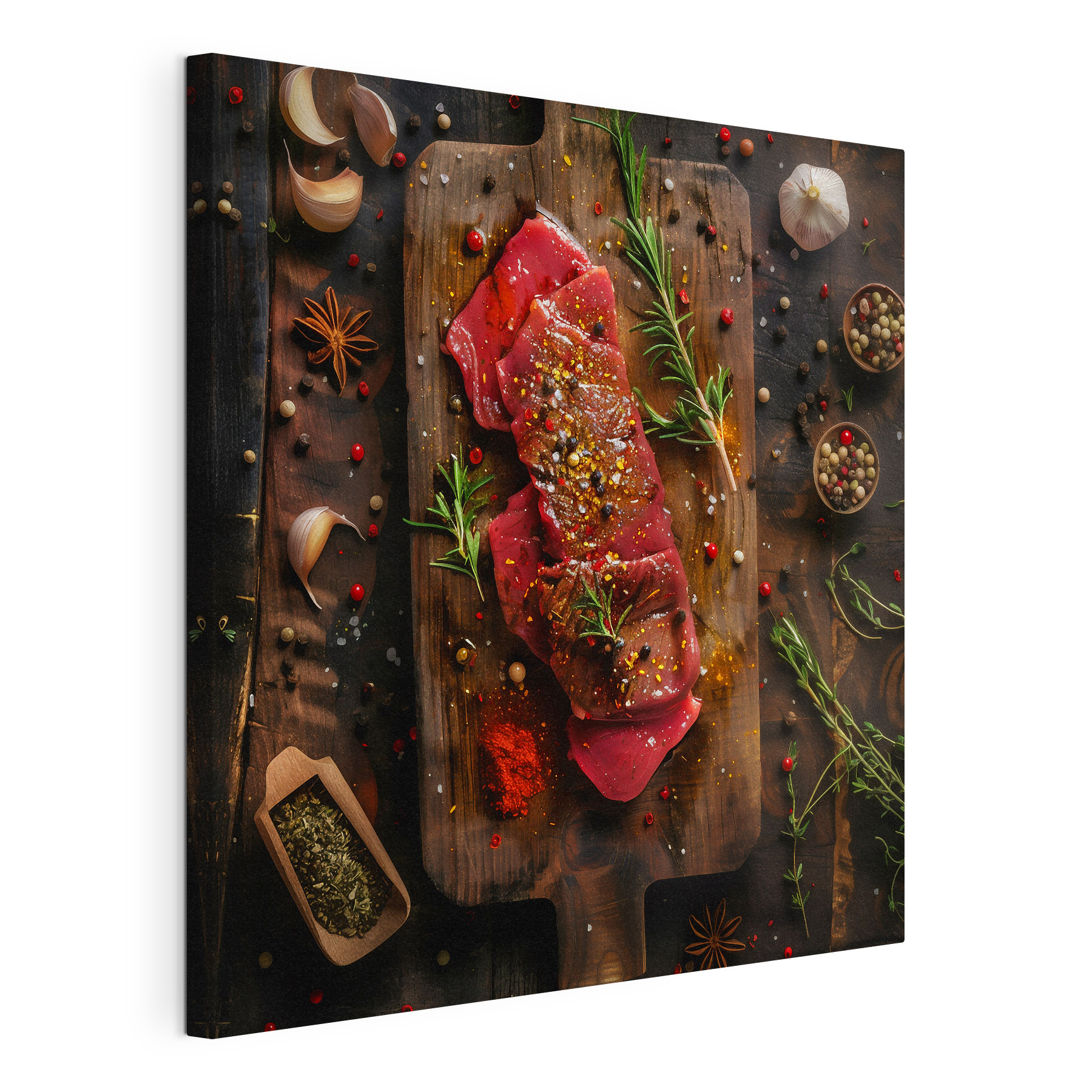 Meat on a cutting board with spices and herbs