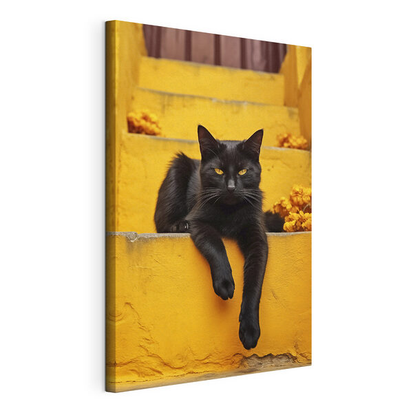 Schwarze Katze auf einer Treppe liegend Wandbilder Schwarze Katze auf einer Treppe liegend