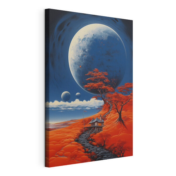 Wandbilder Haus auf einem Hügel mit Orangenbäumen und einem großen Mond