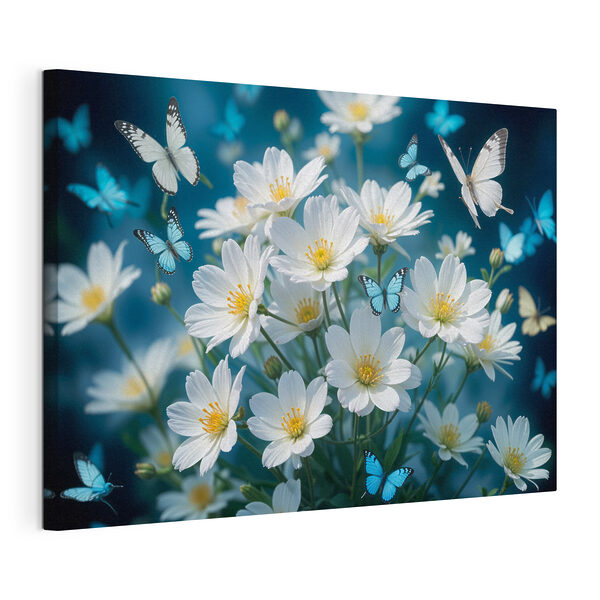 Gruppe von Schmetterlingen fliegen um eine weiße Blume Wandbilder Gruppe von Schmetterlingen fliegen um eine weiße Blume