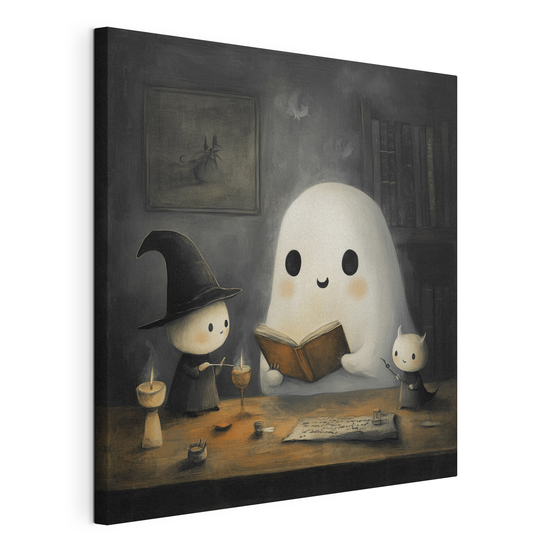 Ghost reading a book with two little people