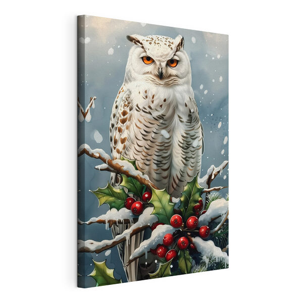 Wandbilder Weiße Eule sitzt auf einem Zweig mit Schnee und Beeren