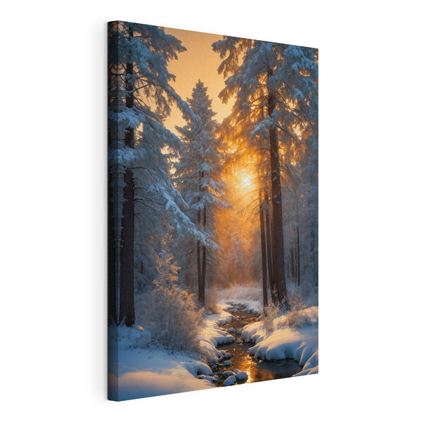 Snowy forest with trees and a stream