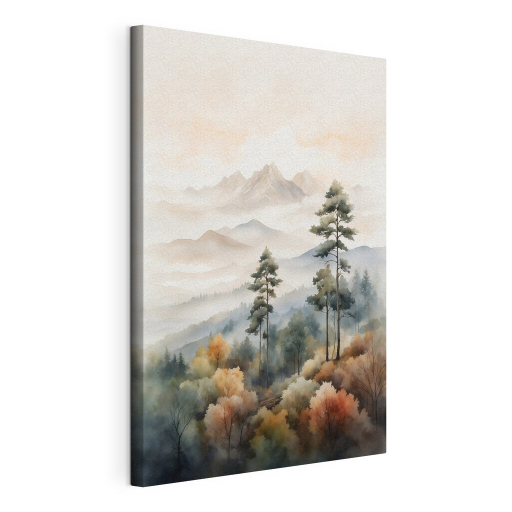 Watercolor painting of trees and mountains