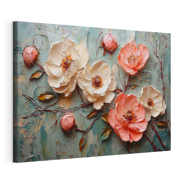 Painting of flowers on a blue surface