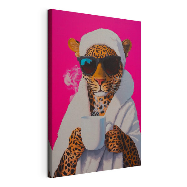 Gemälde eines Leoparden, der ein Gewand und eine Sonnenbrille trägt und eine Tasse hält Wandbilder Gemälde eines Leoparden, der ein Gewand und eine Sonnenbrille trägt und eine Tasse hält