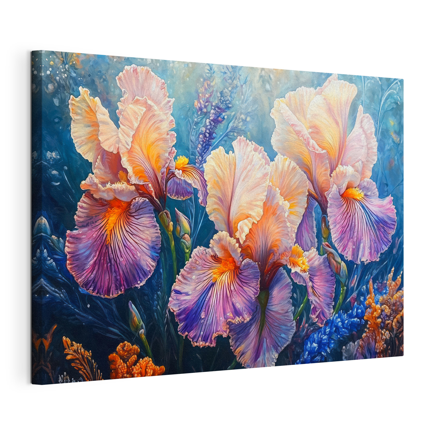 Painting of flowers with yellow and purple petals
