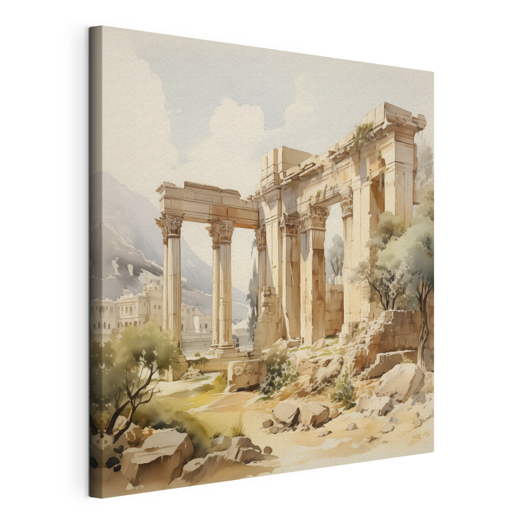 Painting of a stone building with columns