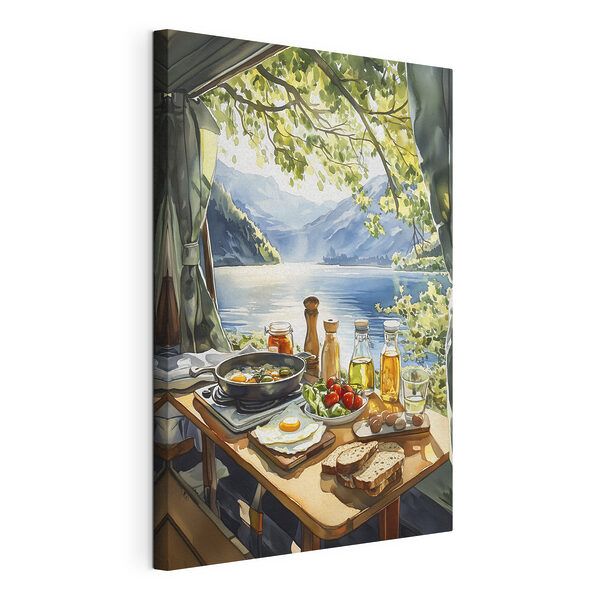 Table with food and drinks on it by a lake