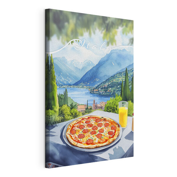 Pizza und Saft auf einem Tisch mit Bergen und Bäumen Wandbilder Pizza und Saft auf einem Tisch mit Bergen und Bäumen