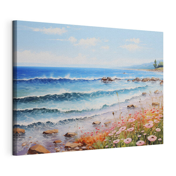 Gemälde eines Strandes mit Blumen und Wellen Wandbilder Gemälde eines Strandes mit Blumen und Wellen