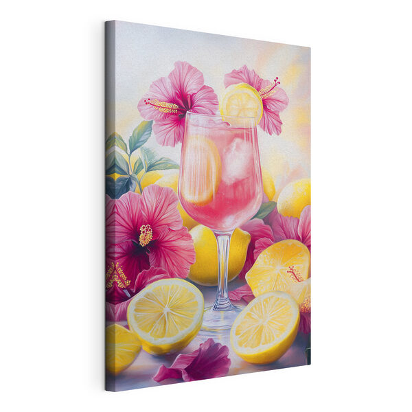Wandbilder Wandbilder Glas mit rosa Getränk mit Zitronen und Blumen (Artikelnummer: s43894)