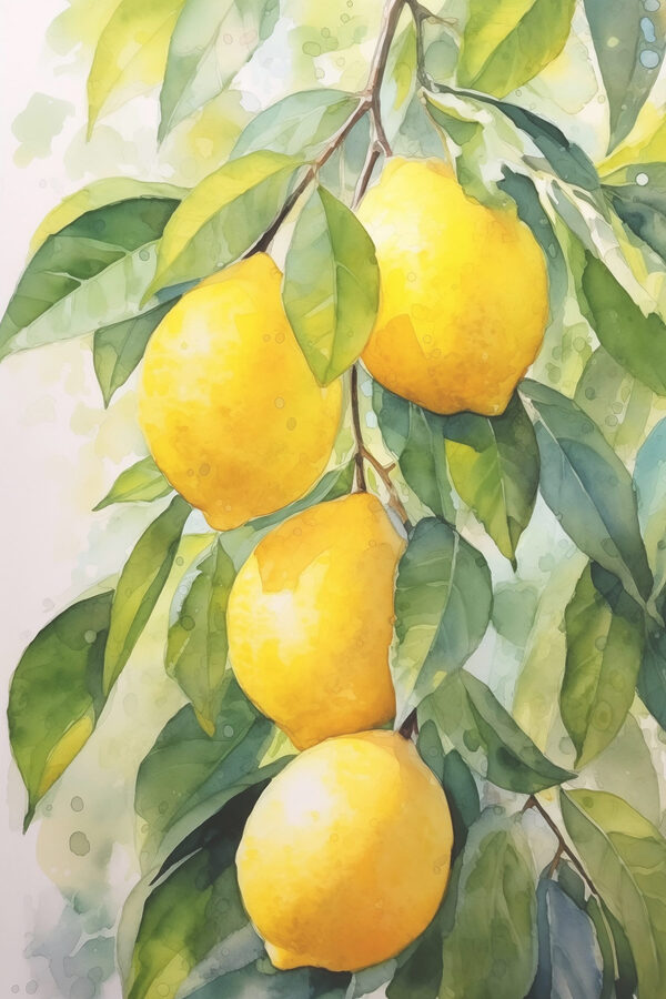 Watercolor of lemons on a tree