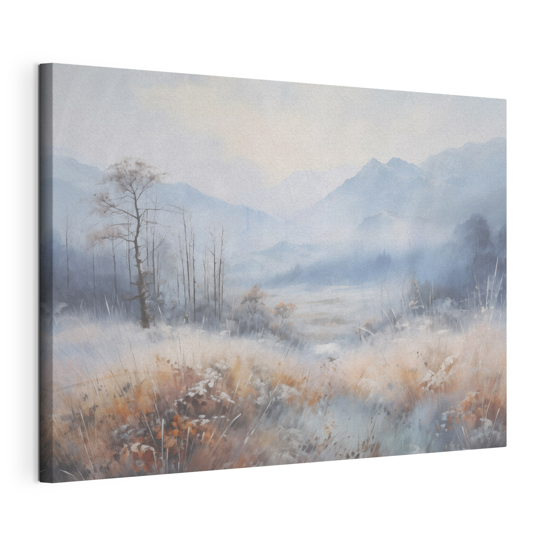 Landscape with a snowy field and mountains Landscape with a snowy field and mountains
