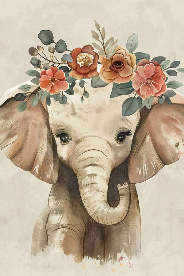 Baby elephant with flowers on its head